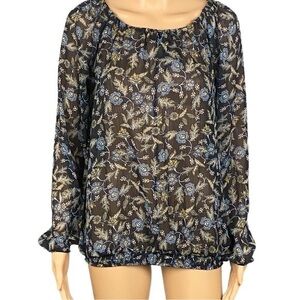 CHELSEA & THEODORE sheer black blouse with yellow and blue flowers. Large. EUC
